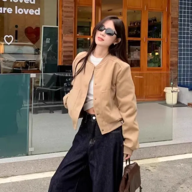 【AS 梨卡】女裝 外套 大衣 毛呢外套 棒球外套 保暖毛呢 連帽外套 短版毛呢 灰色夾克FR1049
