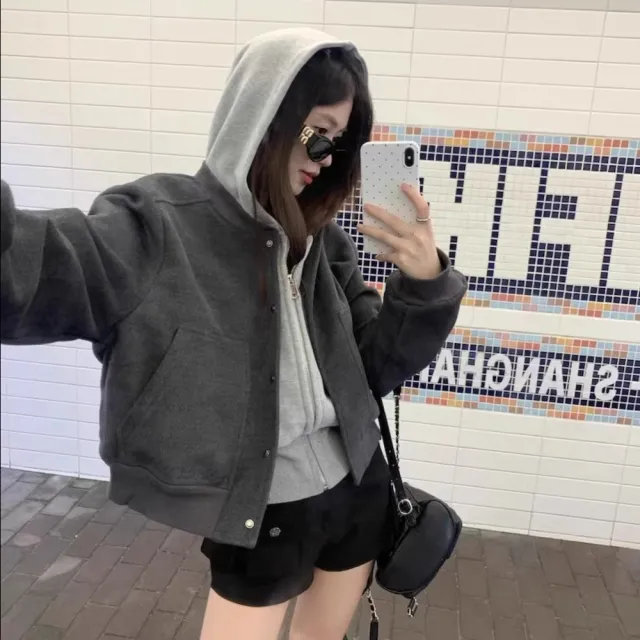 【AS 梨卡】女裝 外套 大衣 毛呢外套 棒球外套 保暖毛呢 連帽外套 短版毛呢 灰色夾克FR1049