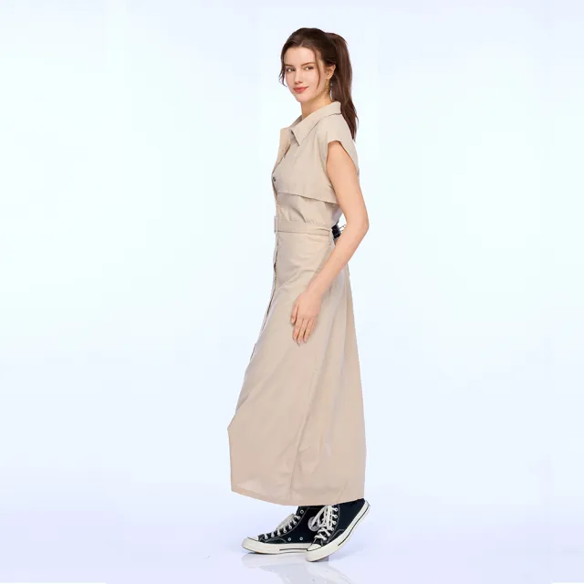 【JEEP】女裝 優雅顯瘦腰帶設計無袖洋裝(卡其色)