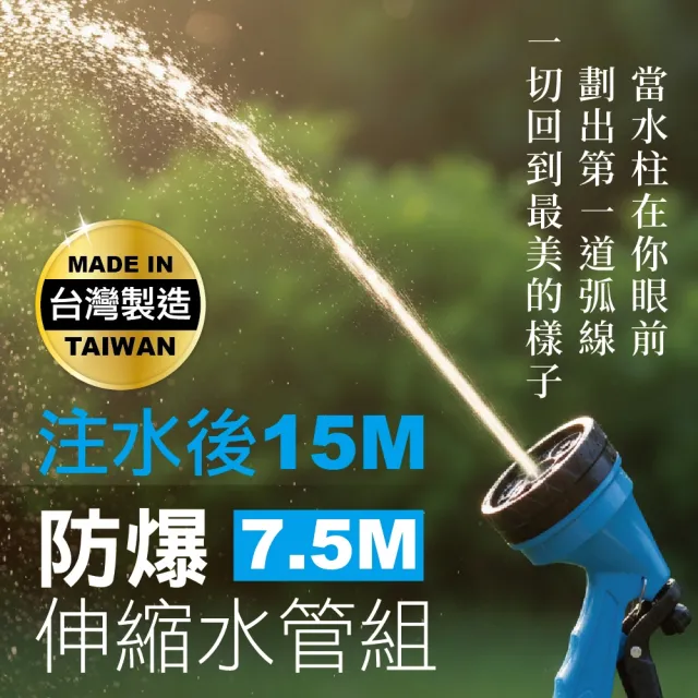 【MINONO 米諾諾】防爆伸縮水管組7.5M(台灣製 強力高壓防爆 彈力伸縮 澆花澆水洗車 噴水槍 接頭 水管組)
