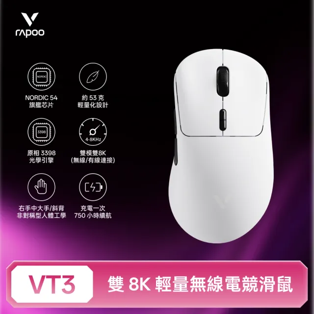 【rapoo 雷柏】VT3 輕量雙模雙8K人體工學電競滑鼠