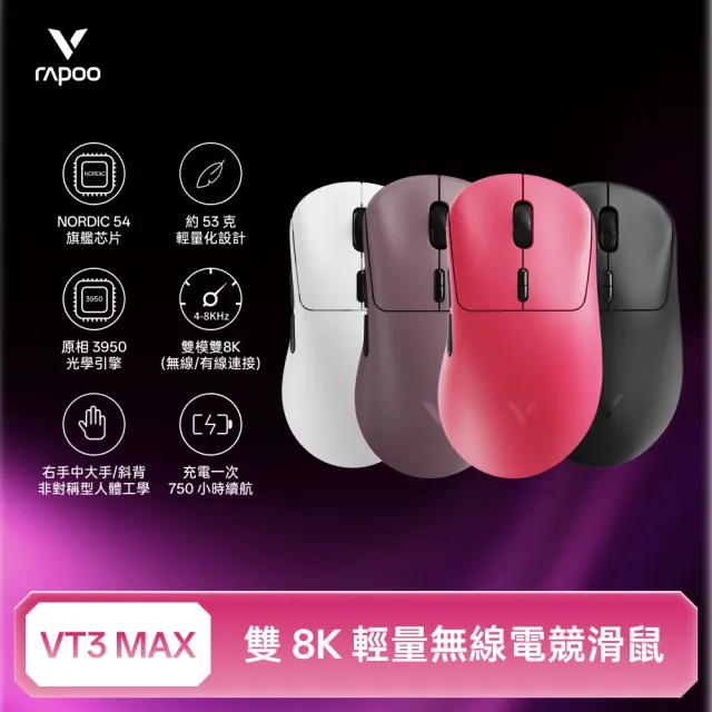 【rapoo 雷柏】VT3 MAX 輕量雙模雙8K人體工學電競滑鼠