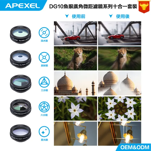 【APEXEL】多用途 十合一手機鏡頭套組 15倍微距 一組拍出攝影大片(10種鏡頭 攝影特效 拍照周邊)