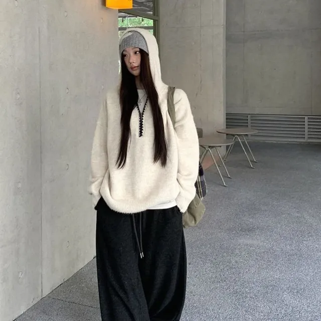 【AS 梨卡】女裝 毛衣 針織 半拉鍊毛衣 寬鬆連帽 鬆慵懶高級感針織 保暖針織ES233