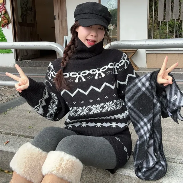 【AS 梨卡】女裝 套裝 毛衣 短褲 針織 兩件式套裝 高領針織 冬天套裝 顯瘦短褲 ES3618