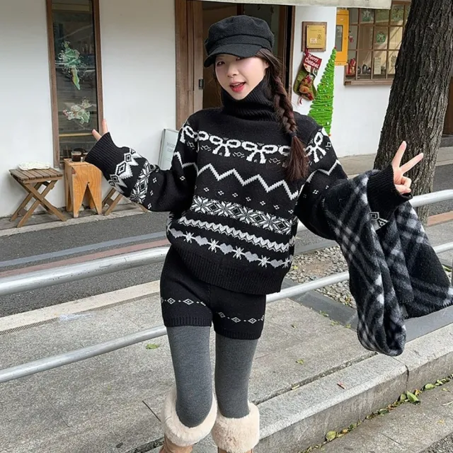 【AS 梨卡】女裝 套裝 毛衣 短褲 針織 兩件式套裝 高領針織 冬天套裝 顯瘦短褲 ES3618
