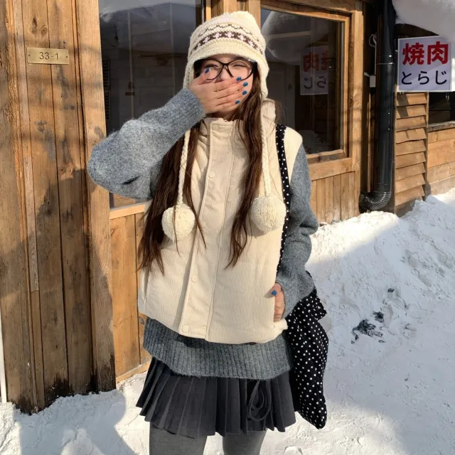 【AS 梨卡】女裝 背心 燈芯絨 羽絨棉背心 寬鬆立領背心 冬天背心 保暖馬甲 外搭麵包背心FR109