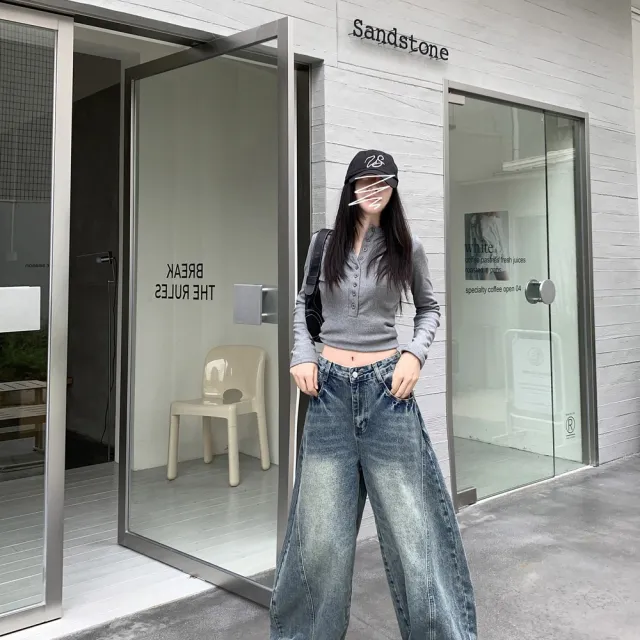 【AS 梨卡】女裝 長褲 牛仔褲 高腰寬鬆牛仔褲 彎刀褲 美式復古 闊腿刷白 顯瘦拖地長褲GA9509
