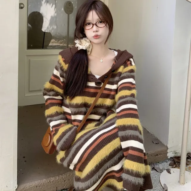 【AS 梨卡】女裝 外套 連身裙 連身長裙 長裙 洋裝 條紋洋裝 連帽洋裝 保暖外套 ES0569