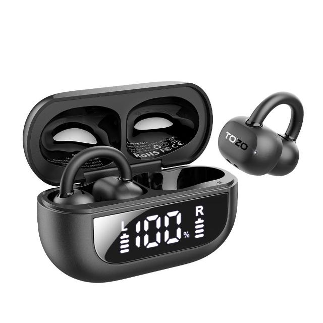 OpenRhyme 開放式耳夾耳機採用AI通話功能，內建LED數位管顯示，具備12毫米動圈驅動器與氣骨傳導技術，支援Android與iOS系統，輕巧僅48g，黑色系設計，適合12歲以上使用，BSMI許可字號R3F921，運動與日常穿戴皆宜