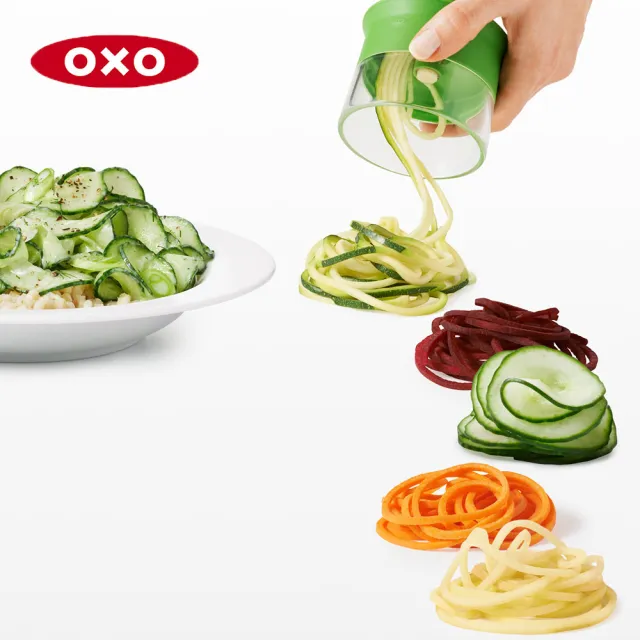 【美國OXO】華麗三刀蔬果削鉛筆機 切片器 刨絲器(輕鬆自製櫛瓜麵 蔬菜麵 可做3種麵條尺寸)