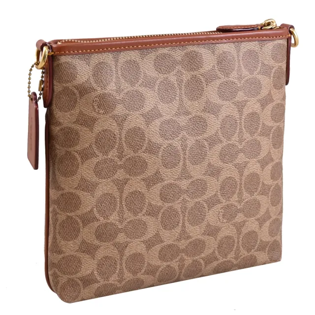 【COACH】Kitt 經典C字LOGO條紋印花方包斜背包(駝/紅棕)