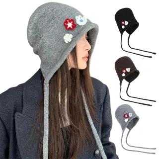 【The rare】慵懶風針織花朵套頭帽 保暖堆堆帽 護耳帽女 毛線帽 顯臉小保暖帽 毛帽
