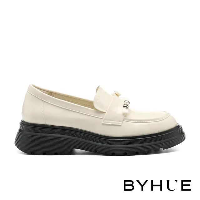 【BYHUE】可愛日常雙蝴蝶結漆超纖軟芯微Q底樂福厚底鞋(米白)