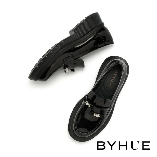 【BYHUE】可愛日常雙蝴蝶結漆超纖軟芯微Q底樂福厚底鞋(黑)