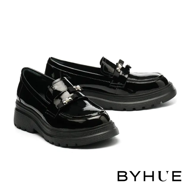 【BYHUE】可愛日常雙蝴蝶結漆超纖軟芯微Q底樂福厚底鞋(黑)