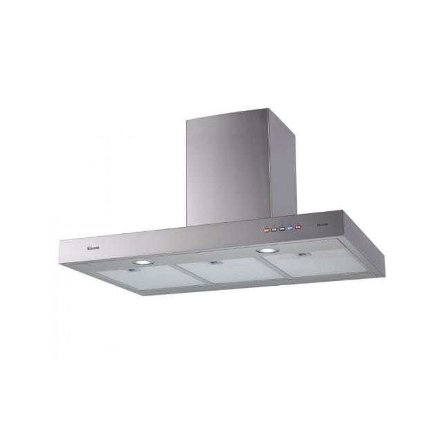 Rinnai 林內 RH-9129 倒T式油煙機，採用不鏽鋼材質，臺灣原裝生產。配備翹板式開關與3段風速調整，尺寸896x545-985x600mm，適用110V/60Hz電壓。提供1年保固，BSMI許可字號R41095，標準安裝設計，高效除油煙，適合現代廚房使用。