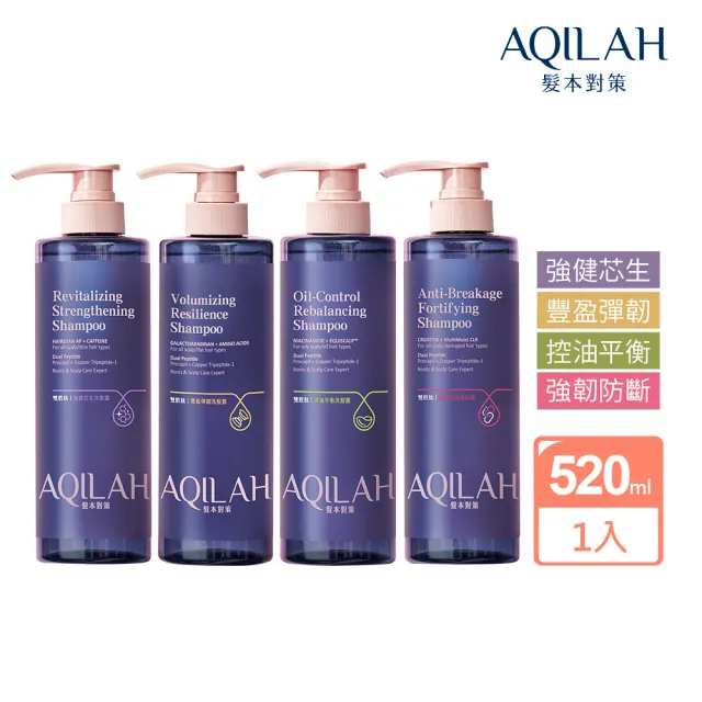 【美吾髮】AQILAH髮本對策 雙胜肽強健芯生洗髮精520ml(強健/豐盈/控油/強韌/防斷/奇蹟小藍瓶)