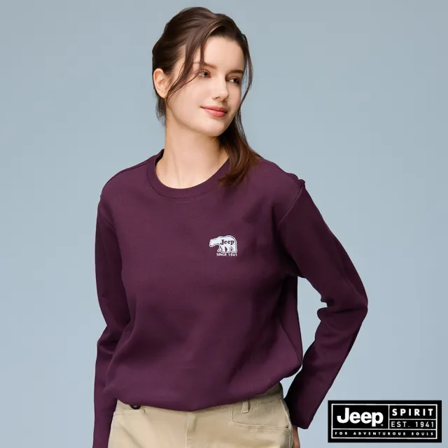 【JEEP】女裝 北極熊刺繡長袖T恤-酒紅色