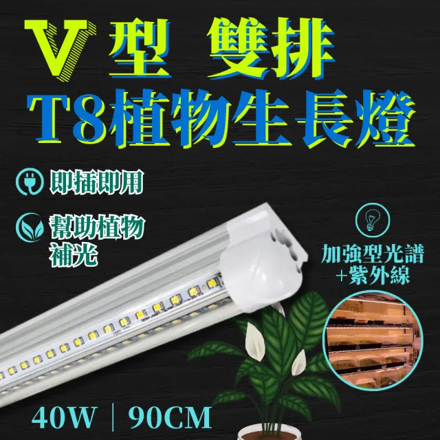 【JIUNPEY 君沛】2入組 T8一體式V型植物燈管 3呎40W 加強型光譜+UVA(植物生長燈)