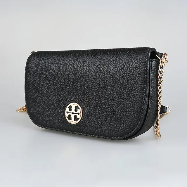【TORY BURCH】TORY BURCH Chelsea雙T金字LOGO粒面牛皮翻蓋6卡磁釦式斜背包(黑)