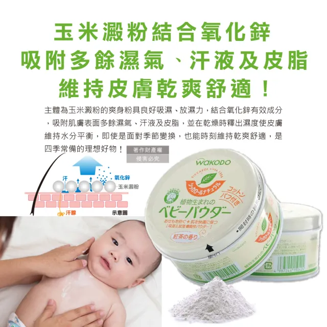 【WAKODO 和光堂】日本和光堂WAKODO-玉米澱粉植萃滋潤吸濕爽身粉1入/罐(附粉撲親膚痱子粉身體乾爽