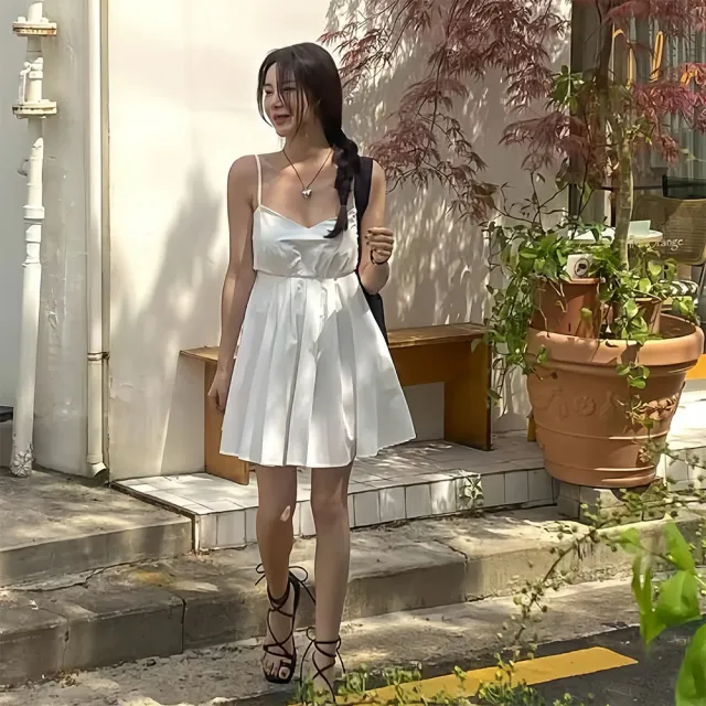【SeasonsBikini】正韓製美背綁帶短洋裝- 白/黑-KK16(正韓美背短洋綁帶洋裝)