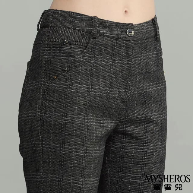 【MYSHEROS 蜜雪兒】修身窄管長褲 學院細線格紋 口袋金屬小蝴蝶結裝飾(鐵灰)