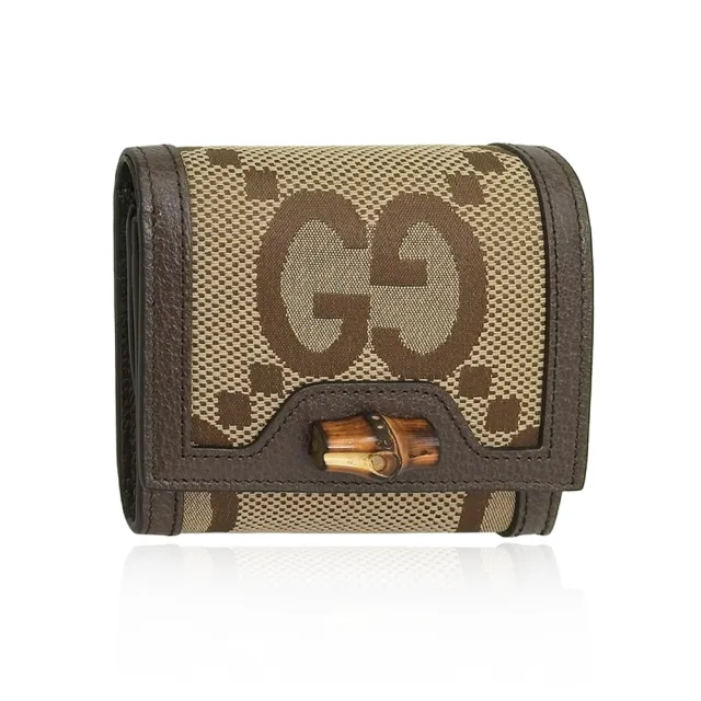 【GUCCI 古馳】Diana 竹節系列 緹花帆布皮革二折短夾錢包 棕色 (658635 UKMBT 2572)