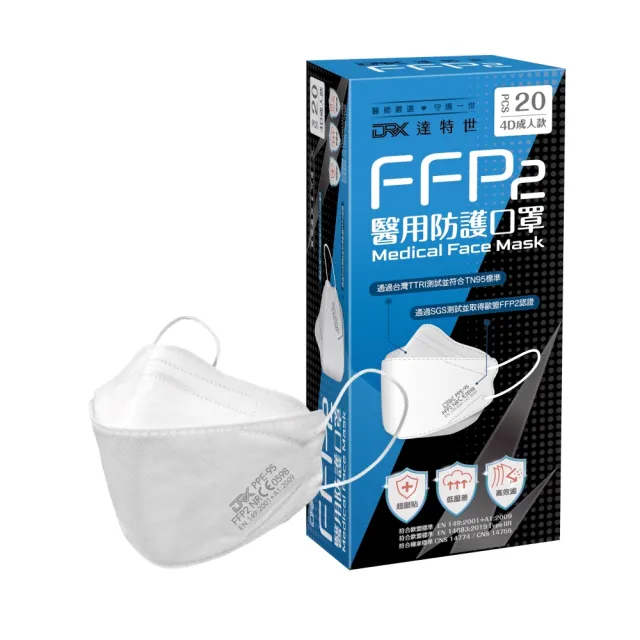 【DRX 達特世】FFP2醫用4D口罩-冰晶白-20入_5盒組(尺寸任選)