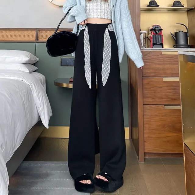 【AS 梨卡】女裝 長褲 針織 蕾絲腰帶針織闊腿褲 秋冬高腰顯瘦長褲 百搭休閒褲 ES190