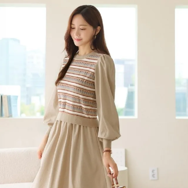 【baibeauty 白鳥麗子】連身裙．甜美花朵針織拼接泡泡長袖圓領洋裝