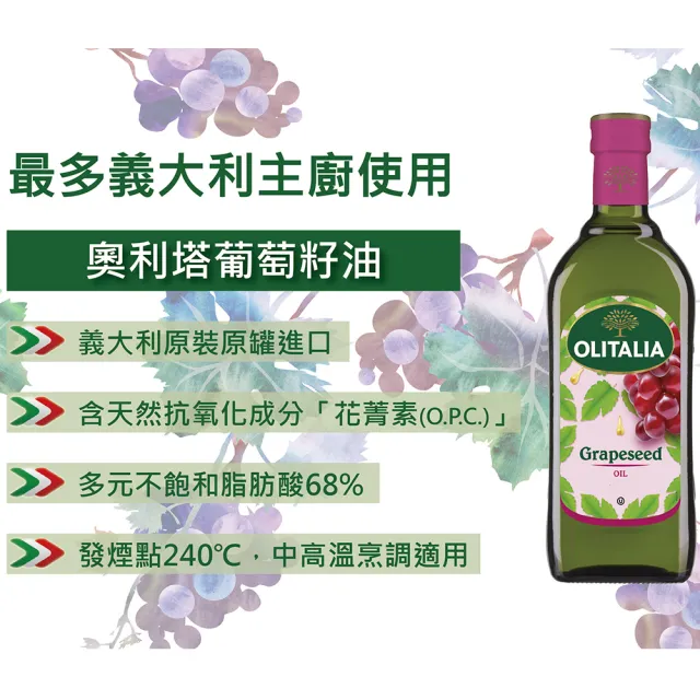【Olitalia 奧利塔】純橄欖油x4瓶+葡萄籽油x1瓶+葵花油x1瓶(1000mlx6瓶-禮盒組)+贈高溫專用葵花油500mlx1瓶