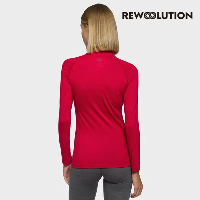 【Rewoolution】女 LINDSEY 190g長袖半開襟[罌粟紅]美麗諾羊毛 保暖 立領 半開襟長袖(REEB2WC902)