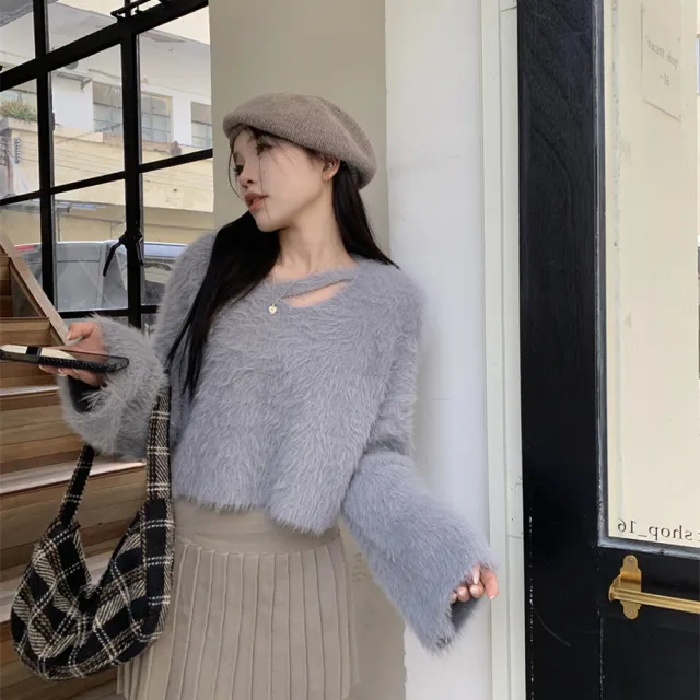 【AS 梨卡】女裝 毛衣 水貂絨 水貂毛 毛茸茸 保暖 針織 秋冬 短版 氣質 韓版針織衫 DR656