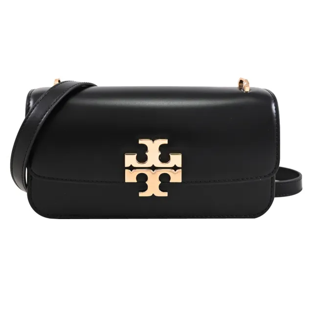 【TORY BURCH】Eleanor 金屬雙T LOGO滑面皮革翻蓋肩斜背包(黑)
