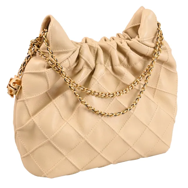 【TORY BURCH】Fleming Hobo 品牌雙T LOGO吊飾軟皮革鏈帶流浪包(杏)