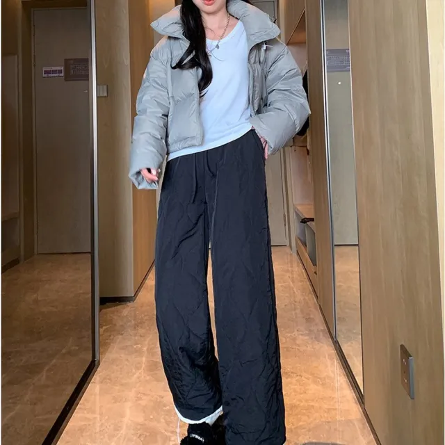 【AS 梨卡】女裝 長褲 棉褲 防風保暖 拼接 翻邊直筒褲 高腰長褲 休閒寬褲 百搭 VG217