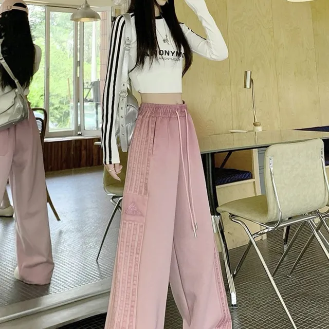 【AS 梨卡】女裝 長褲 復古條紋 加絨 高腰直筒褲 寬鬆長褲 運動長褲 冬天長褲 百搭 VG201