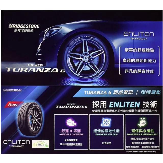 【BRIDGESTONE 普利司通】TURANZA 6 靜音舒適 215/50/17 吋 輪胎 轎車胎 四入組 #ALTIS (安托華)