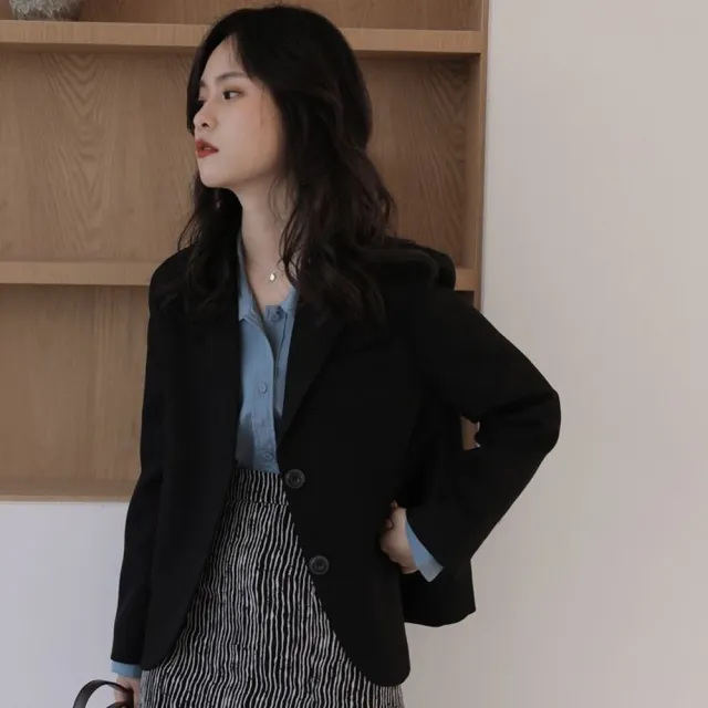 【AS 梨卡】大衣 西裝外套 短版 西裝外套女春秋新款 摩登灰黑色修身百搭顯瘦外套 西裝上衣VG070