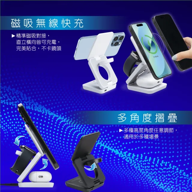 【E-books】WC-002 22W快充3合1摺疊支架磁吸無線充電器(台灣製造/可充手機、手錶、耳機)