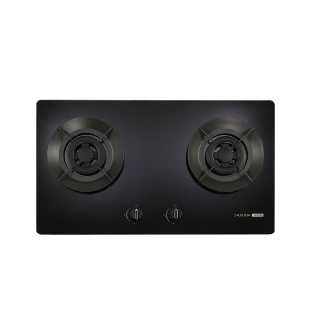 SAKURA櫻花牌 G-2523 雙口瓦斯爐，採用耐熱強化玻璃爐臺與鑄鐵爐頭，臺灣製造，傳統爐頭設計，電子連續點火，能源效率第一級，瓦斯消耗8~9kW，機體尺寸730x420x120mm，挖孔尺寸670x350 R85，無需電源，標準安裝，1年保固，BSMI許可字號R51085。適閤家庭廚房使用，提供安全高效烹飪體驗。