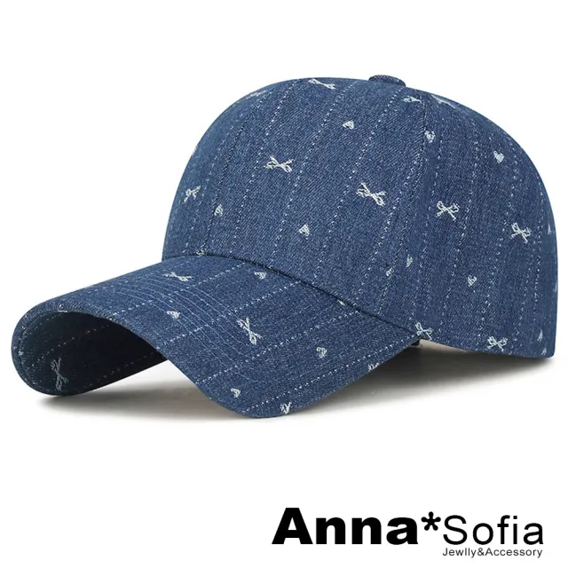 【AnnaSofia】防曬遮陽運動老帽鴨舌帽街舞嘻哈潮帽棒球帽-愛心蝶結丹寧風 現貨(牛仔藍系)