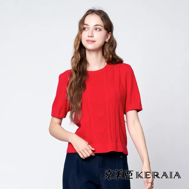 【KERAIA 克萊亞】熾烈紅光織紋褶短袖針織上衣