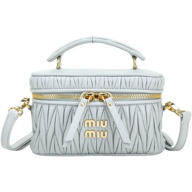 【MIU MIU】Matelasse 皺褶納帕皮革化妝箱 肩背兩用包-灰藍