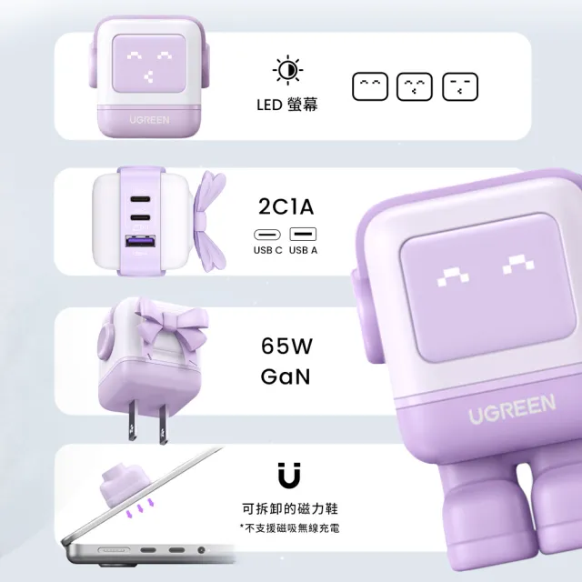 【綠聯】小機器人 65W 2C1A GaN氮化鎵充電器 粉紫色(快充頭/充電頭/PD/PPS/QC協議)