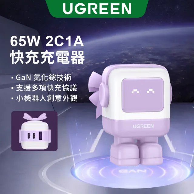 【綠聯】小機器人 65W 2C1A GaN氮化鎵充電器 粉紫色(快充頭/充電頭/PD/PPS/QC協議)