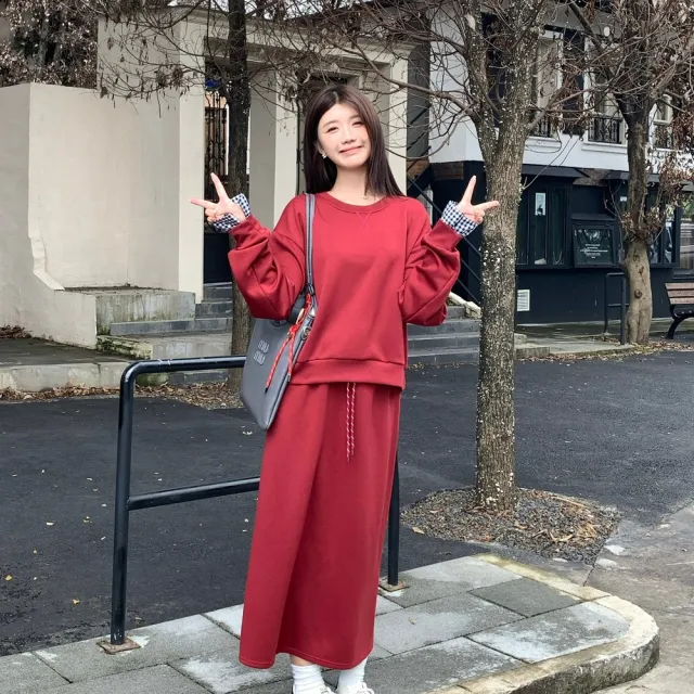 【AS 梨卡】女裝(套裝)連身裙 連身長裙 紅色 新年 聖誕 衛衣 棉T 半身裙 長袖 長裙VG123