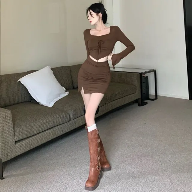【AS 梨卡】套裝 連身裙 連身短裙 毛衣 長袖 半身裙 露腰毛衣 秋冬 短裙 顯瘦性感修身VG092
